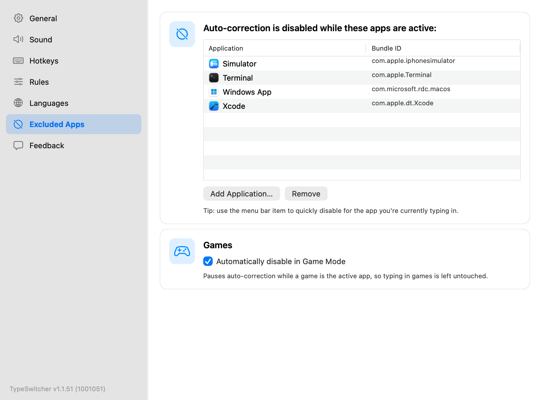 TypeSwitcher Settings with the Excluded Apps section open and several apps in the exclusions list