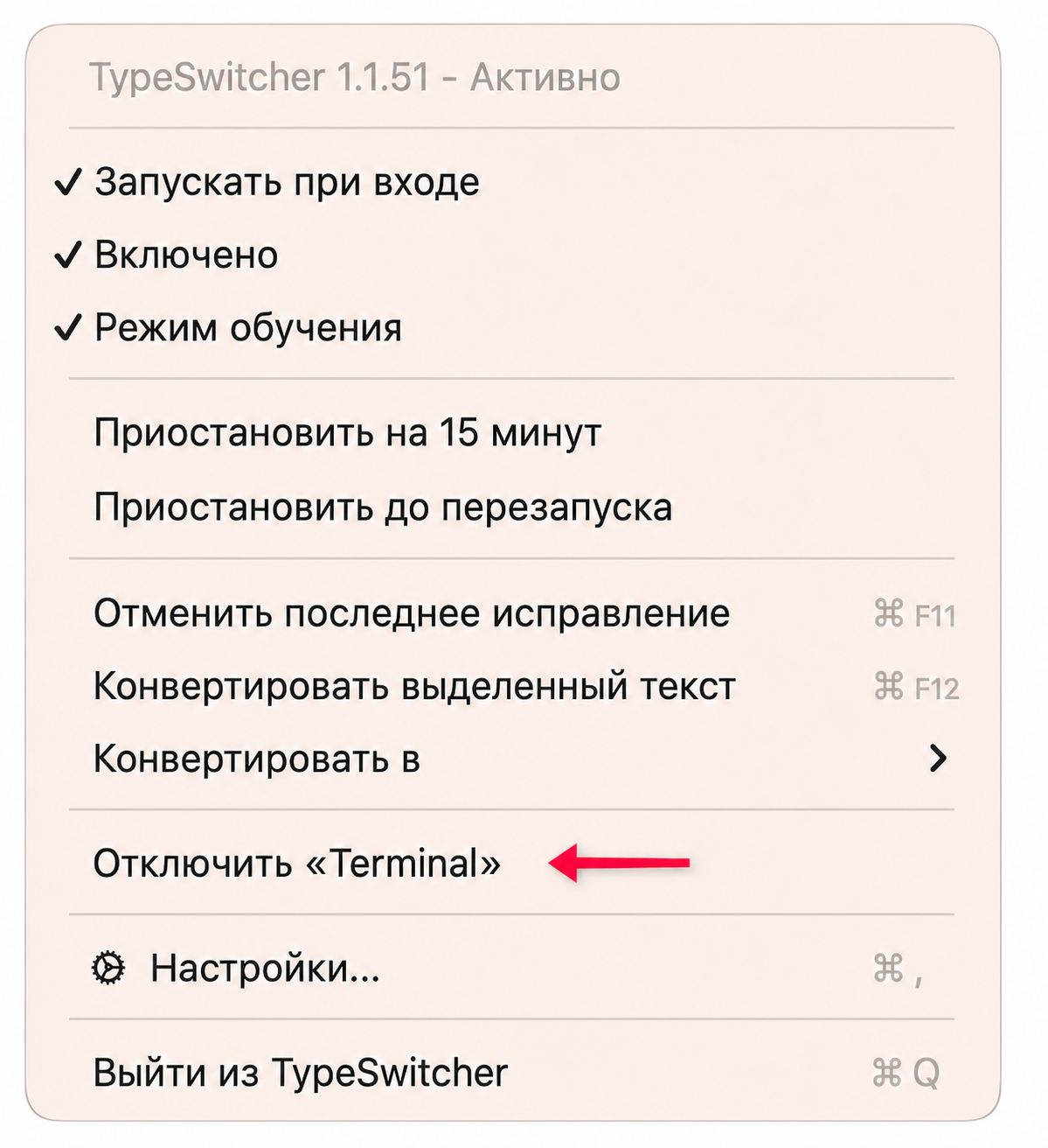 Меню TypeSwitcher с красной стрелкой, указывающей на пункт Отключить Terminal