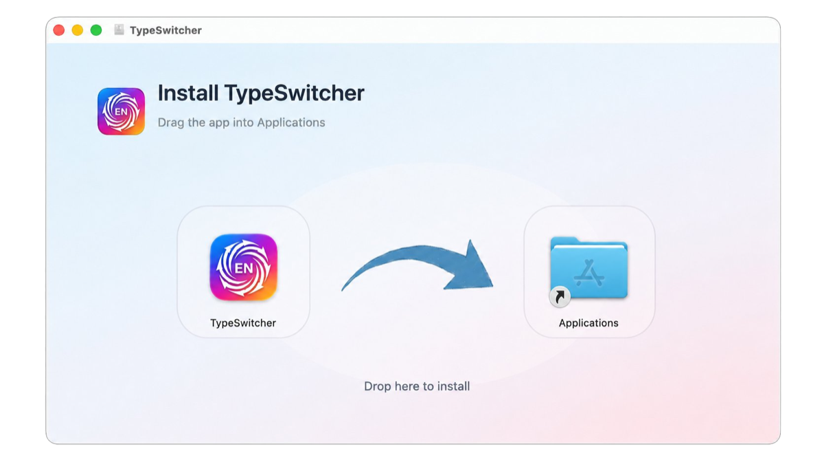 TypeSwitcher installer window showing the app icon being dragged into Applications
