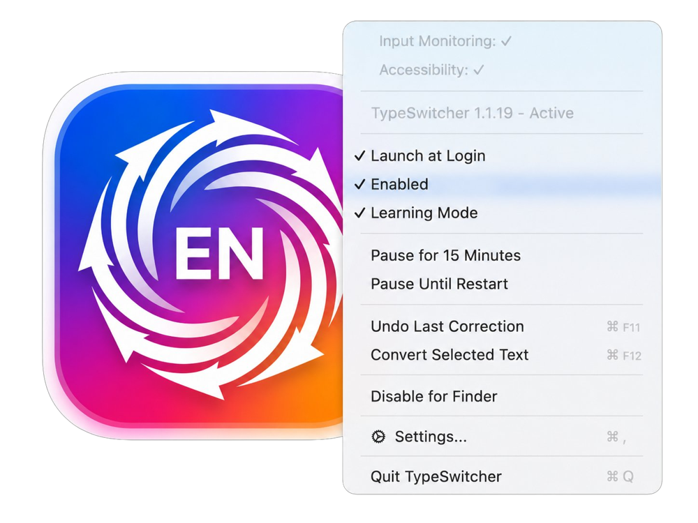 TypeSwitcher menu bar dropdown on macOS
